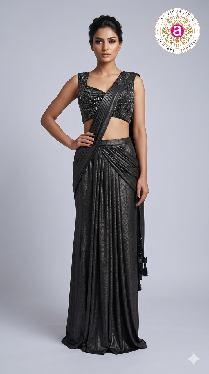 Midnight Black Ready-to-Wear Saree with Embellished Designer Blouse & Draped Pleats