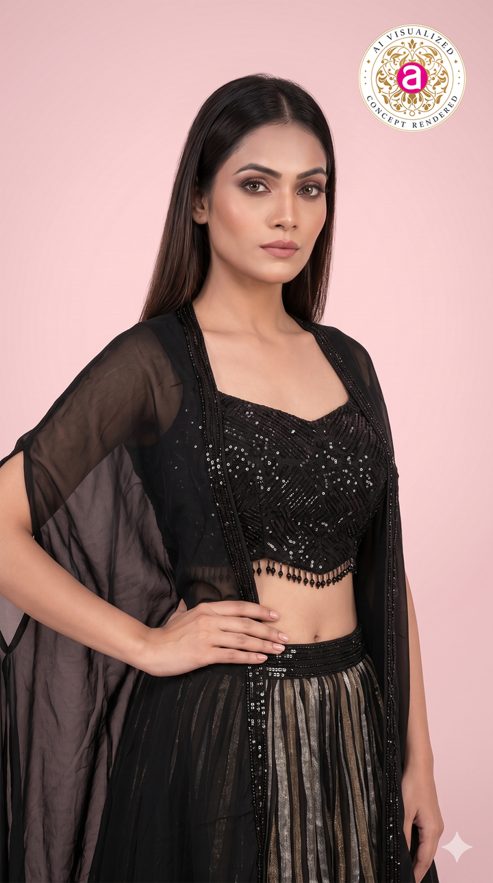 Black Striped Palazzo Set with Sequin Blouse & Cape