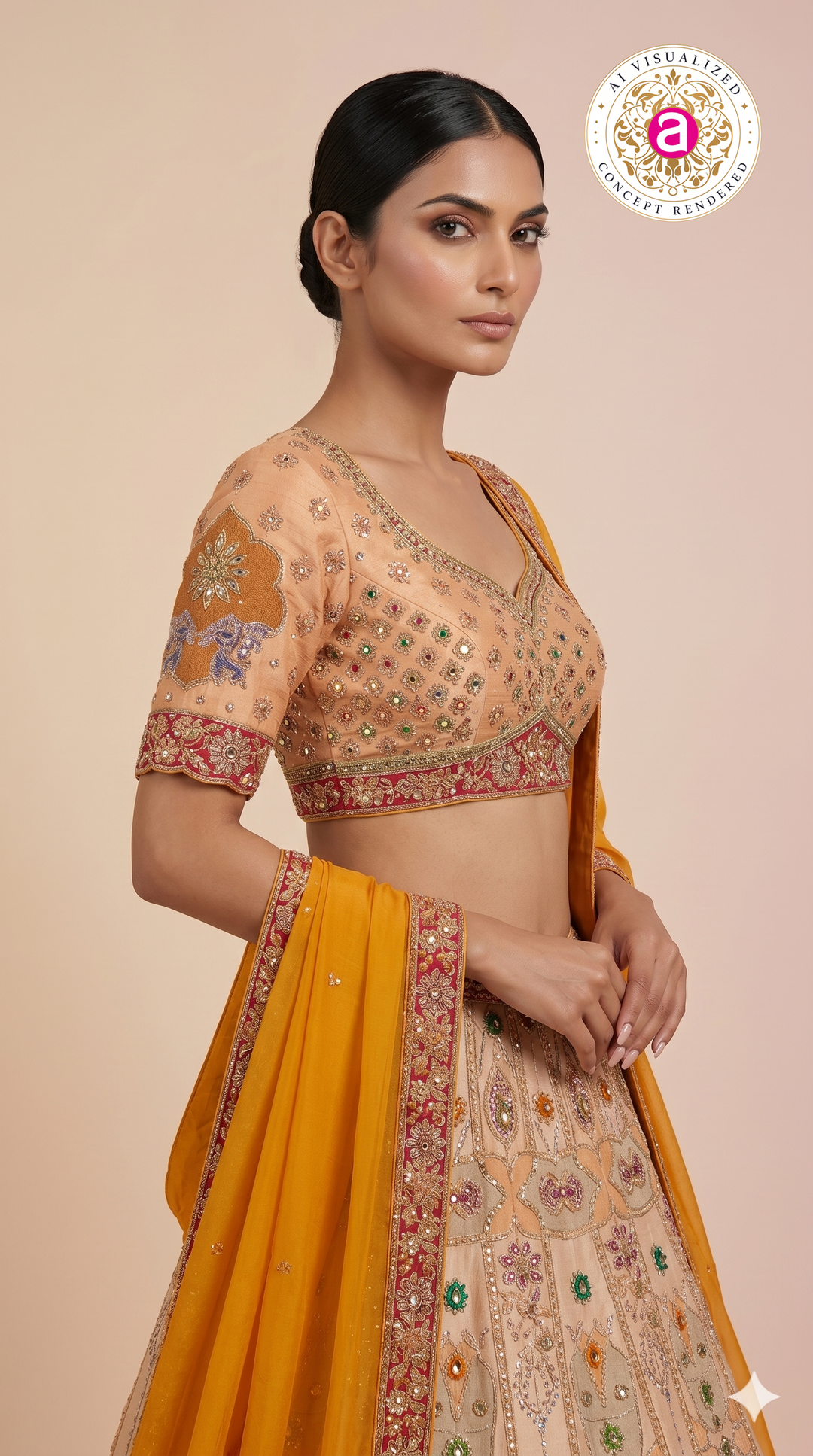 Peach & Mustard Embroidered Bridal Lehenga with Jewel Motifs & Designer Dupatta