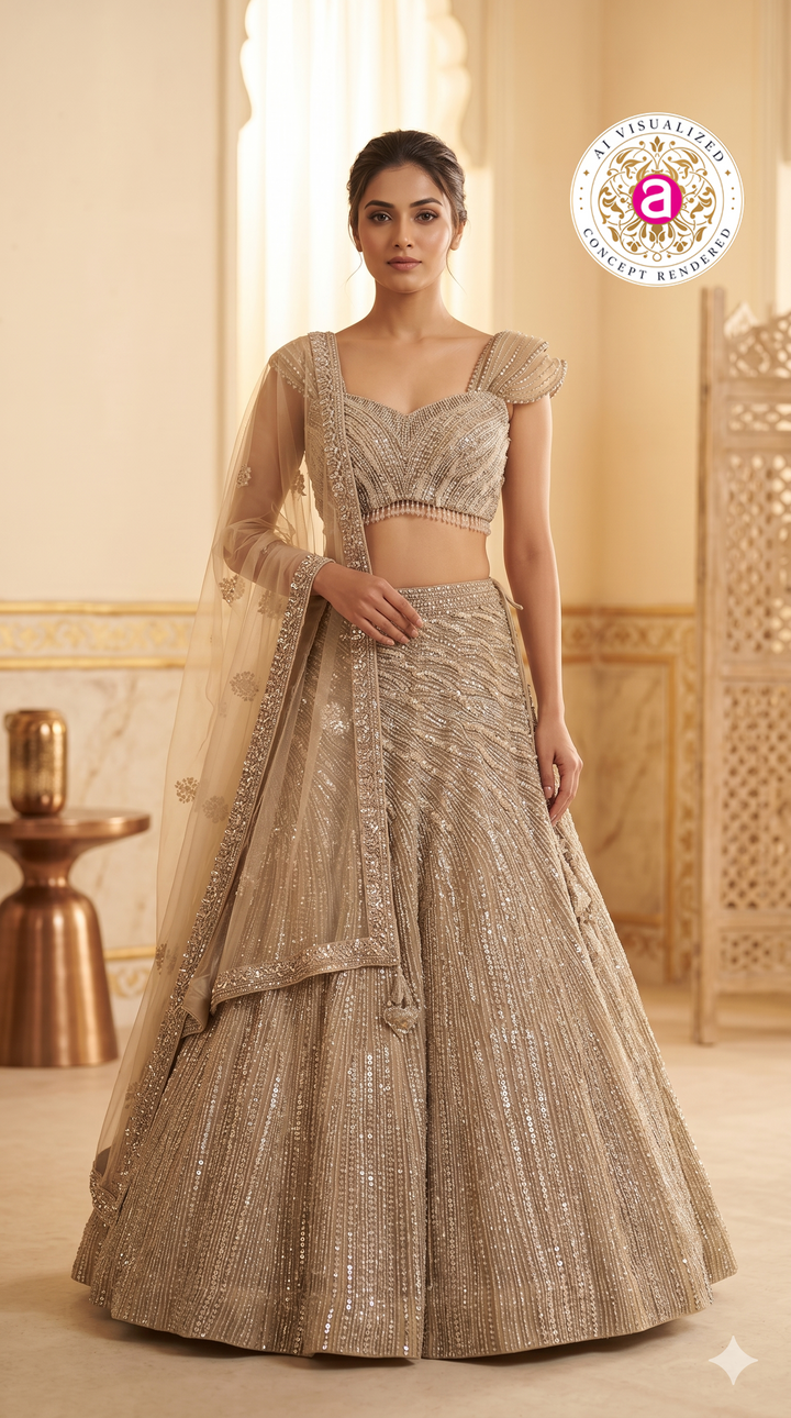 Champagne Gold Designer Lehenga Set with Embellished Blouse and Net Dupatta