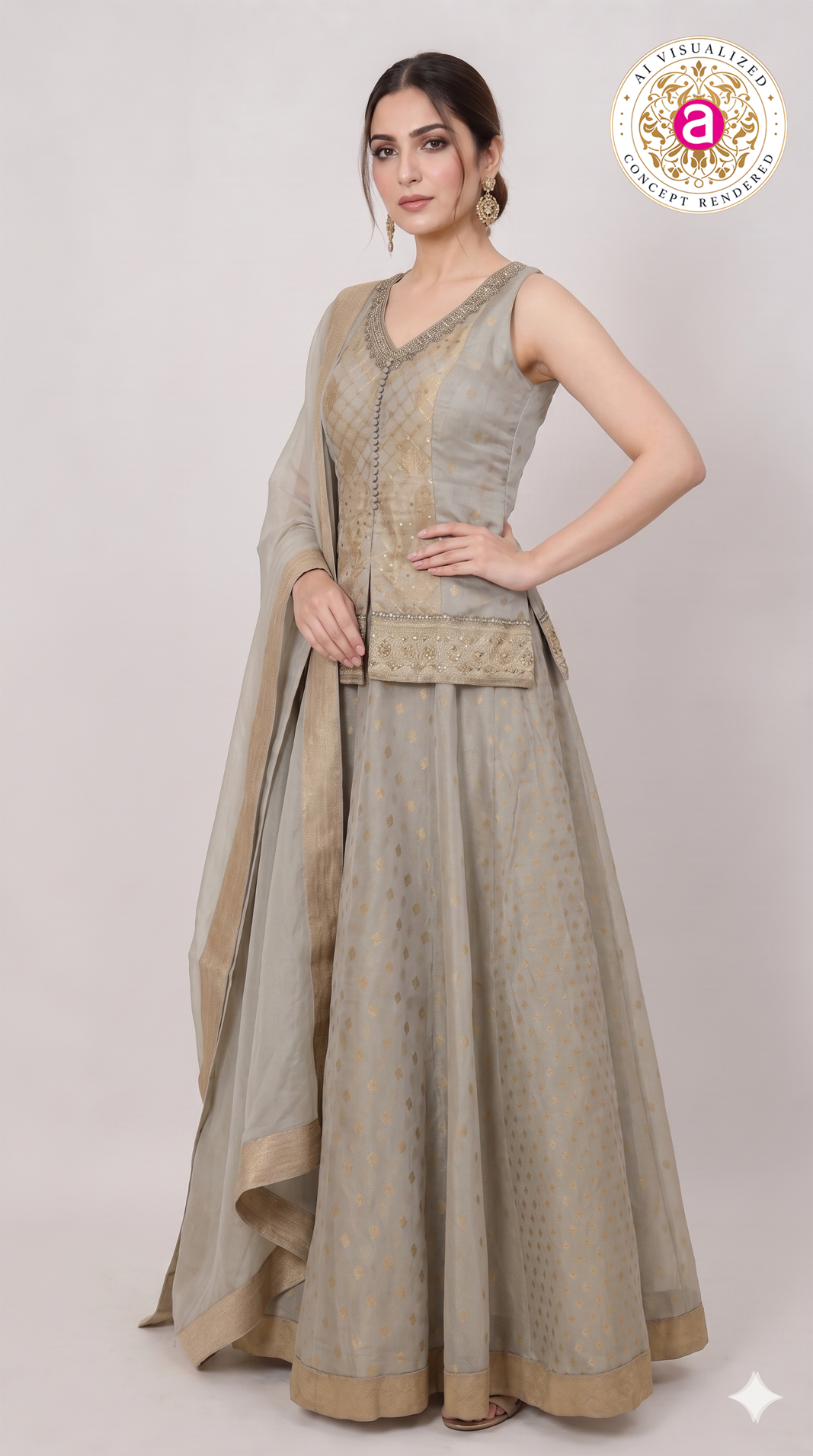 Silver Grey Jacquard Lehenga Set with Embroidered Jacket & Dupatta