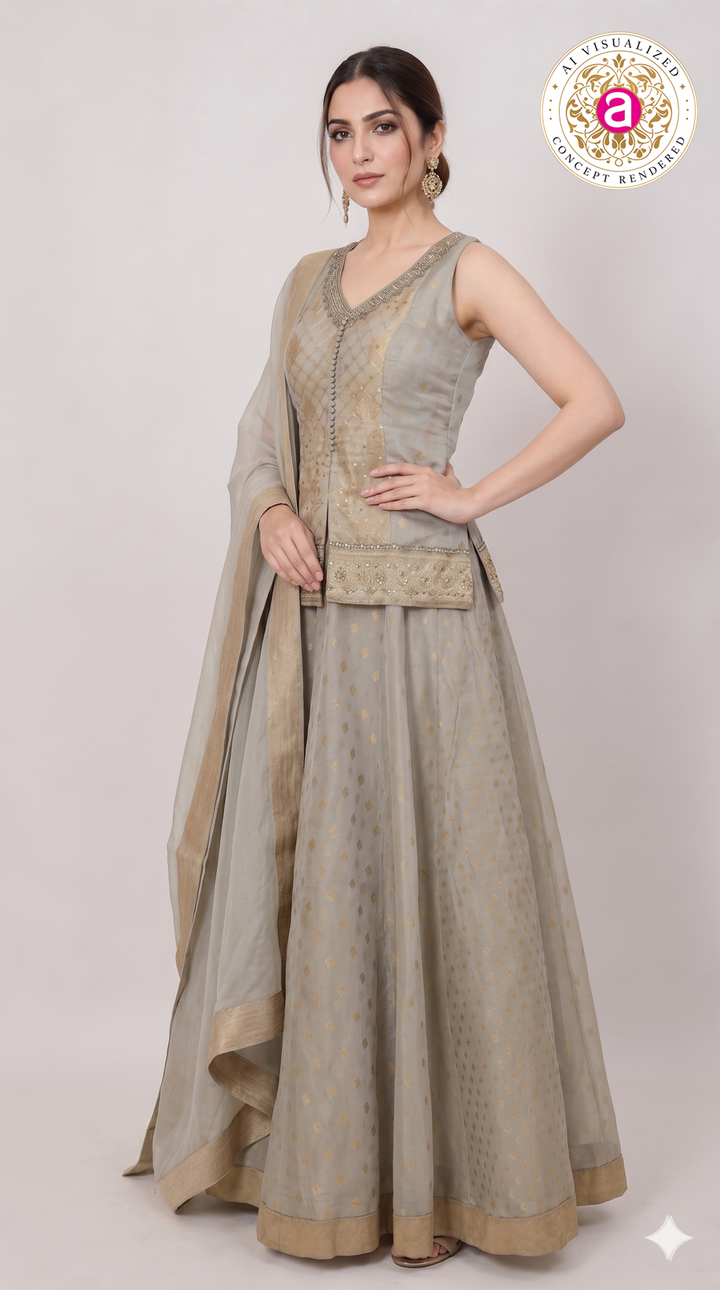 Silver Grey Jacquard Lehenga Set with Embroidered Jacket & Dupatta