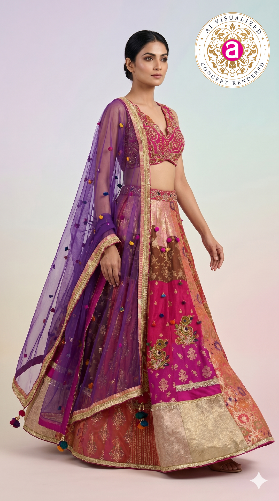 Rani Pink & Multicolour Banarasi Woven Designer Lehenga Choli with Purple Net Dupatta