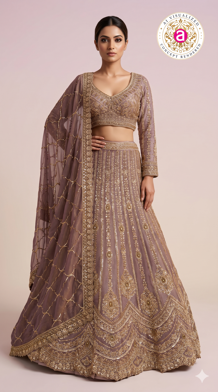 Mauve Gold Designer Lehenga Set with Intricate Zari Embroidery & Embellished Dupatta