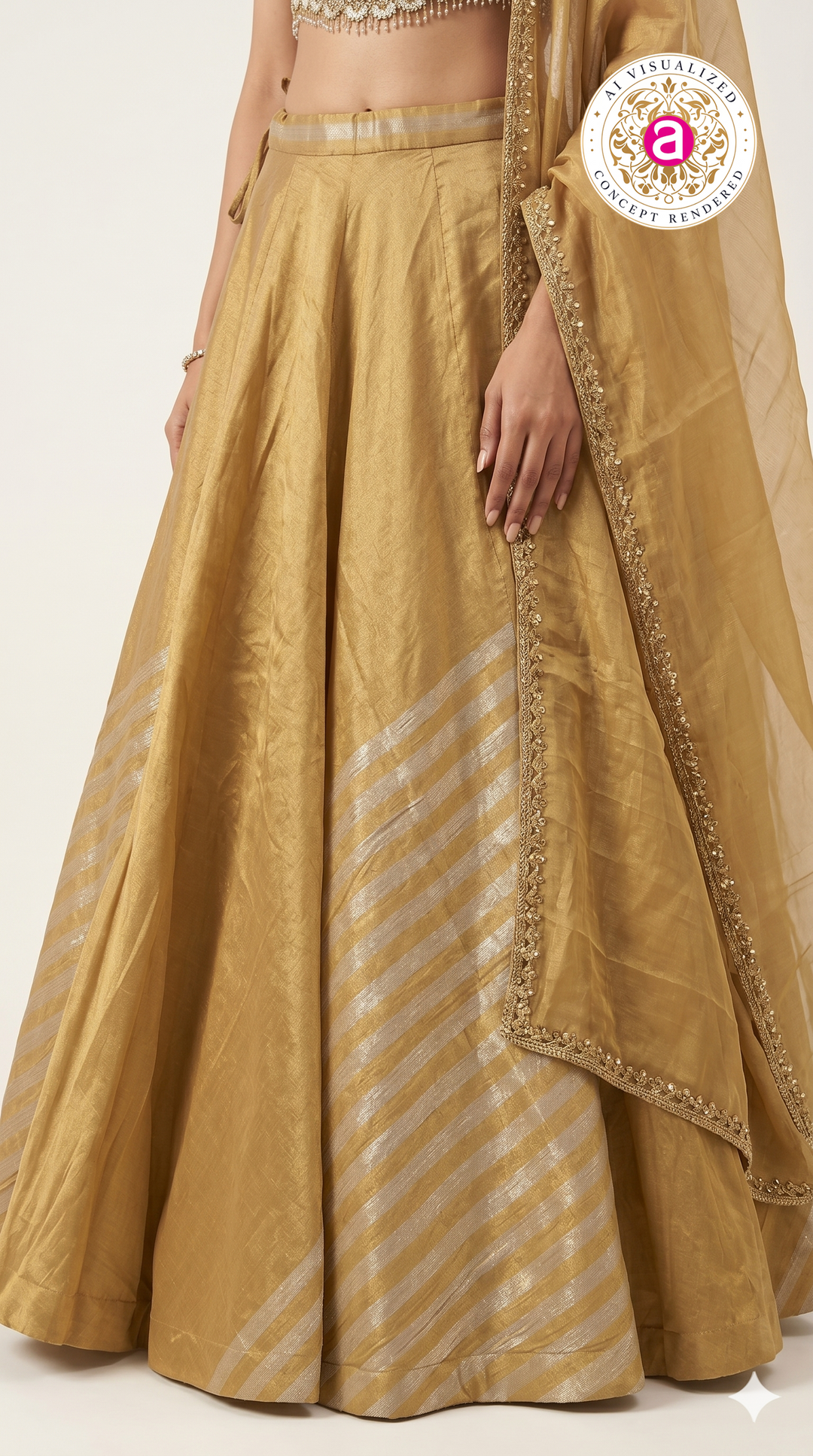 Golden Silk Lehenga Choli with Embellished Bustier & Sheer Dupatta