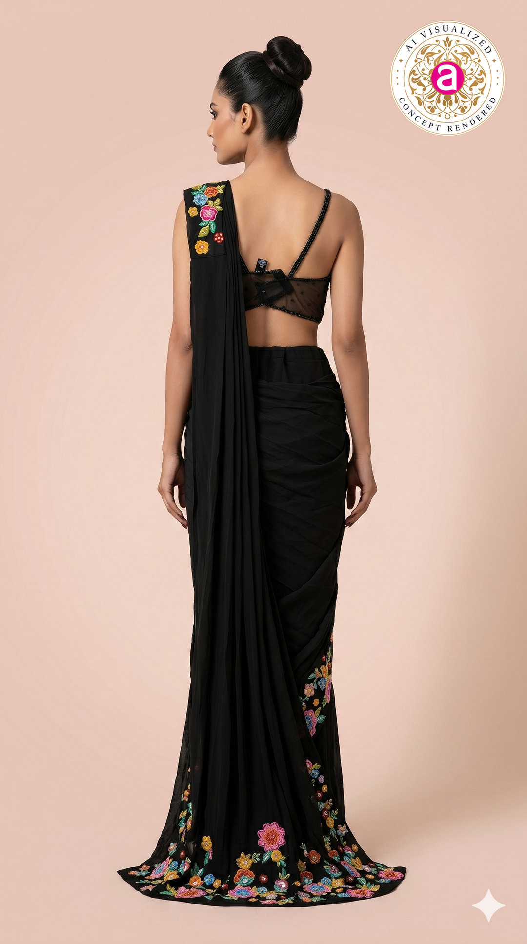 Black Ready to Wear Saree with Floral Embroidered Designer Border