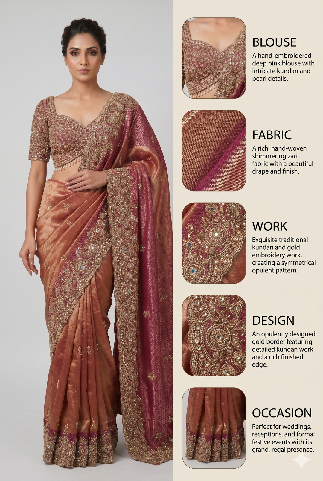 Rose Gold Tissue Saree with Wine Embroidered Border