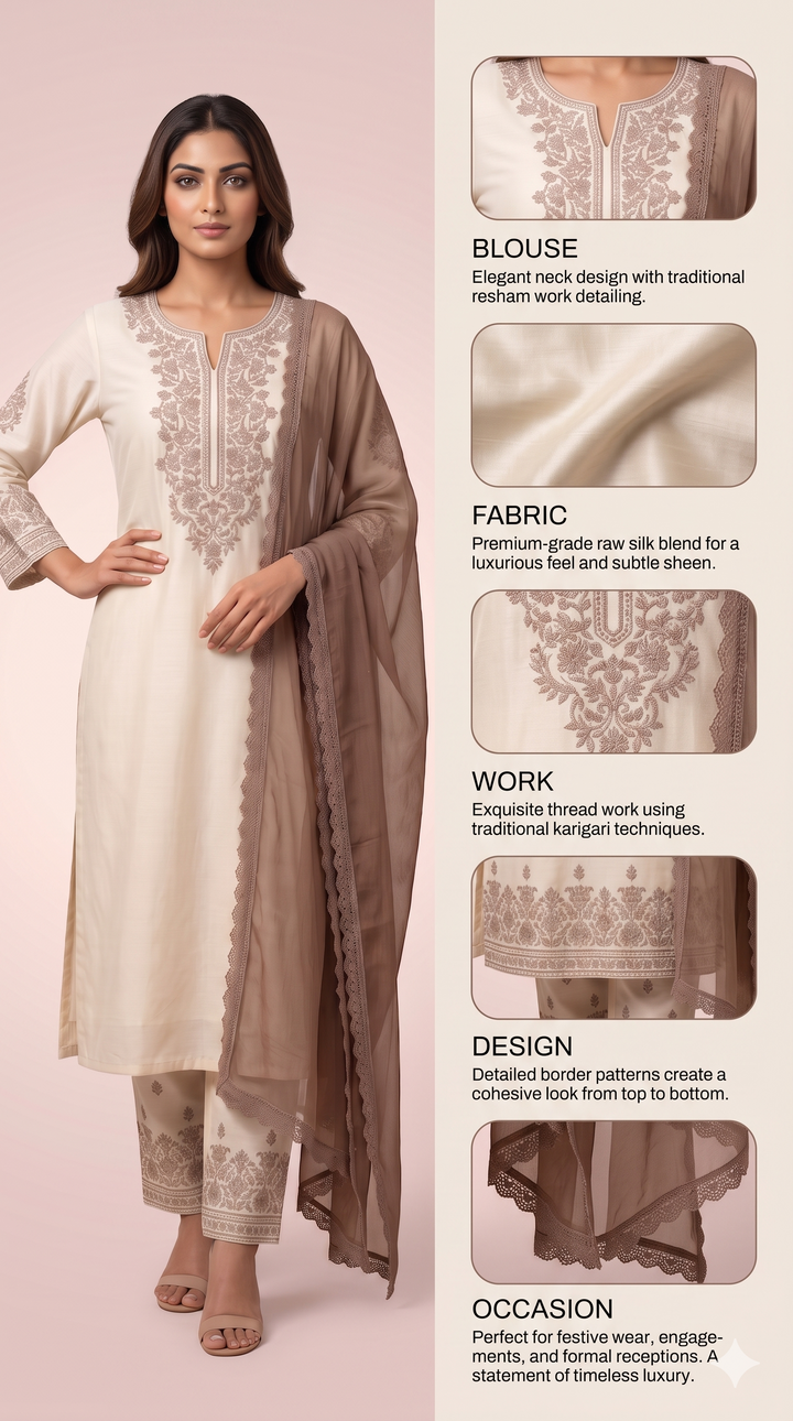 Ivory Embroidered Straight Kurta Set with Brown Dupatta