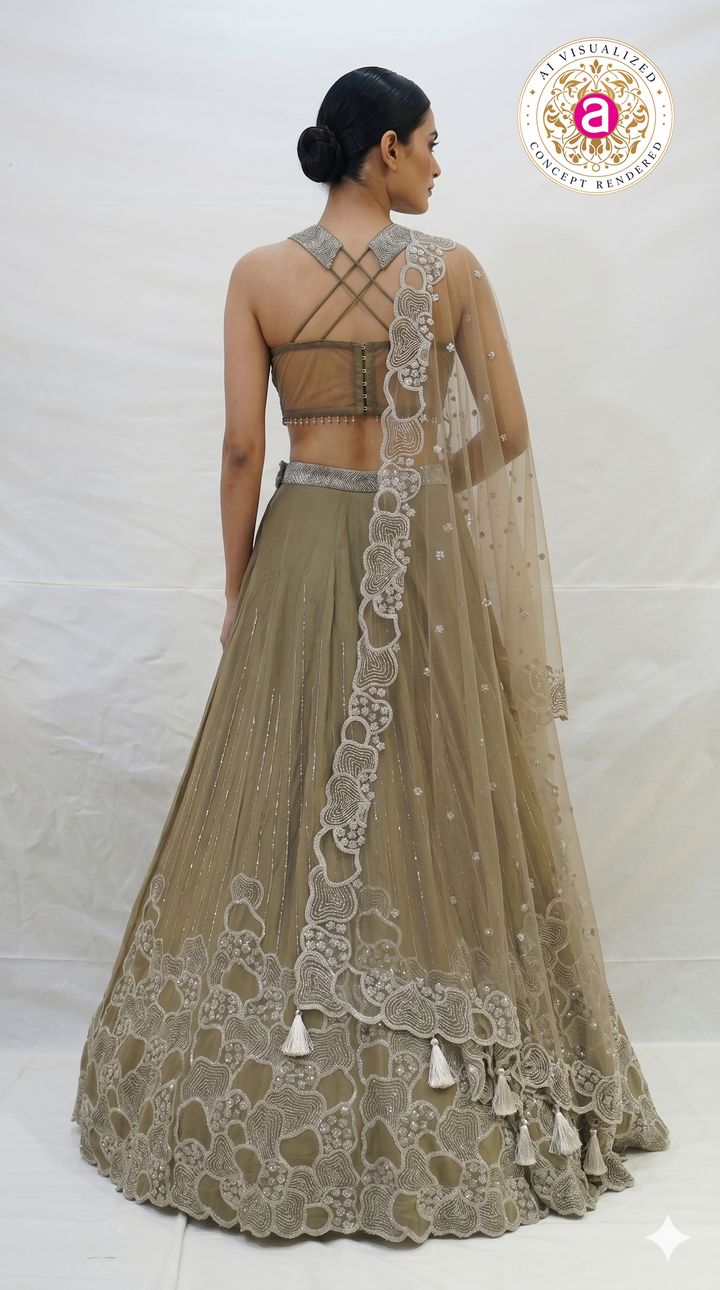 Olive Beige Embroidered Lehenga Choli with Statement Blouse & Net Dupatta