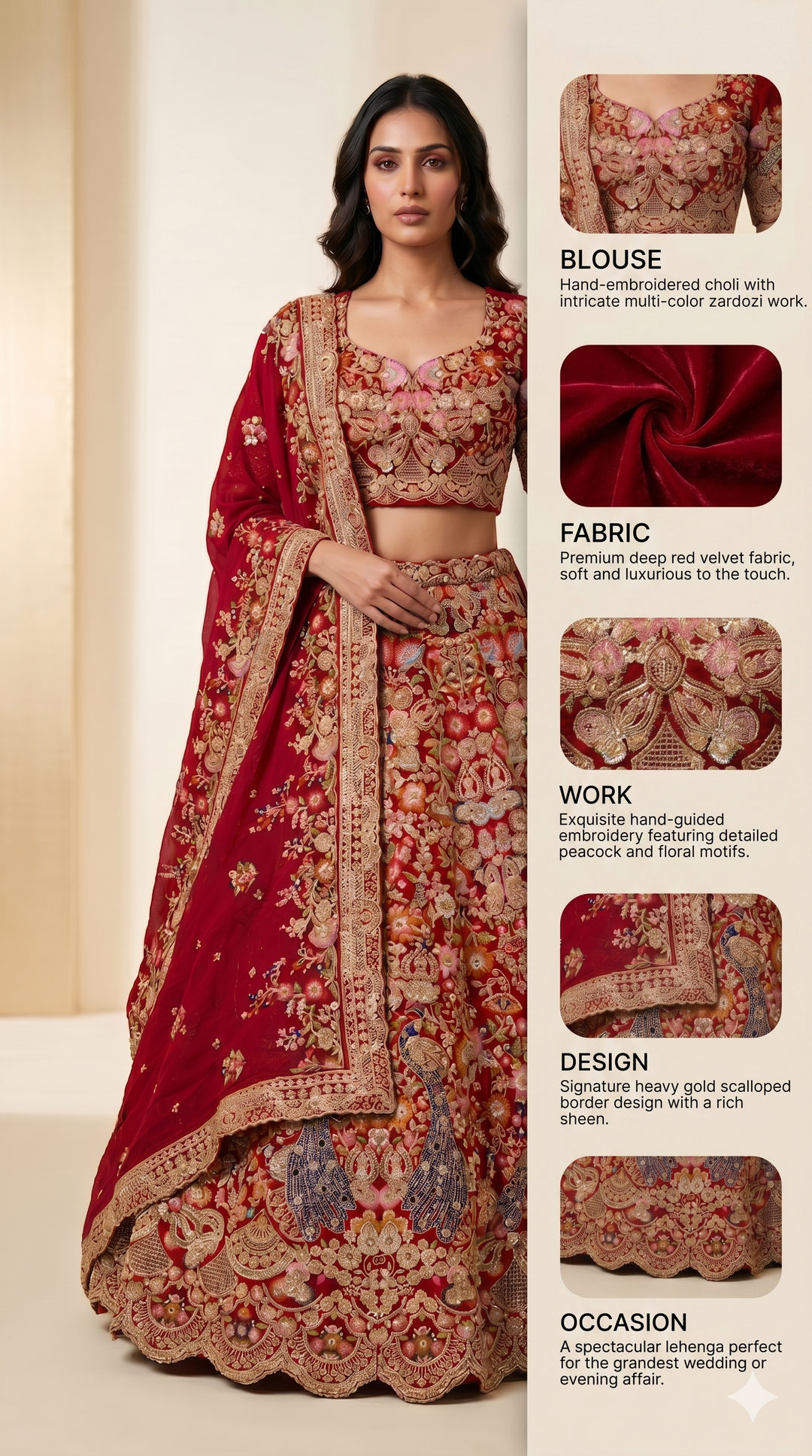 Royal Crimson Bridal Lehenga Set with Intricate Zardozi Embroidery & Peacock Motifs