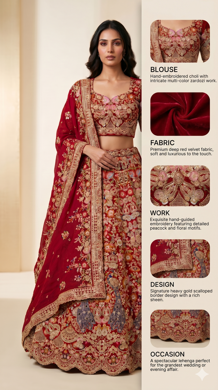 Royal Crimson Bridal Lehenga Set with Intricate Zardozi Embroidery & Peacock Motifs