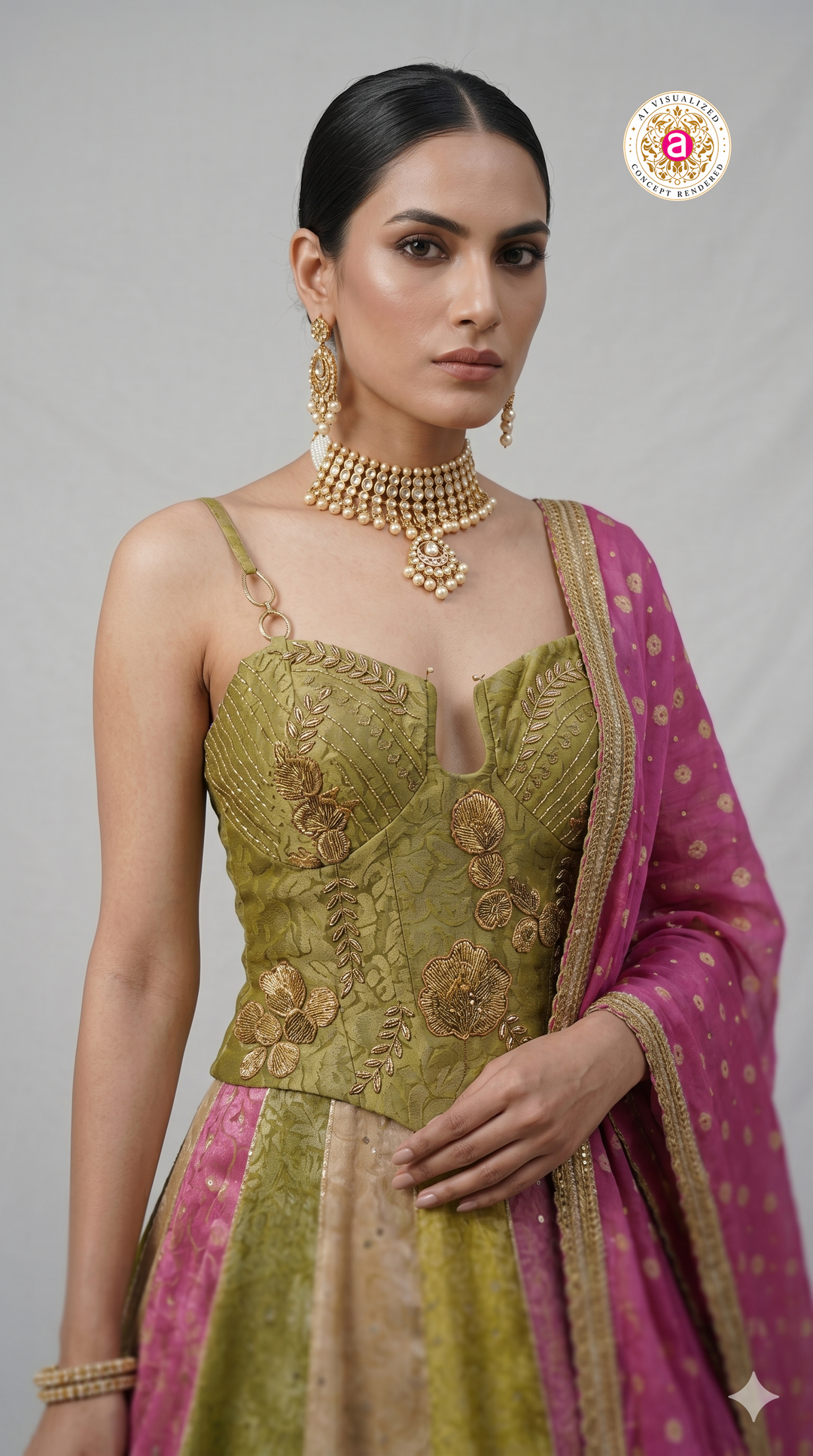 Olive Green & Pink Panelled Designer Lehenga Choli with Embroidered Blouse