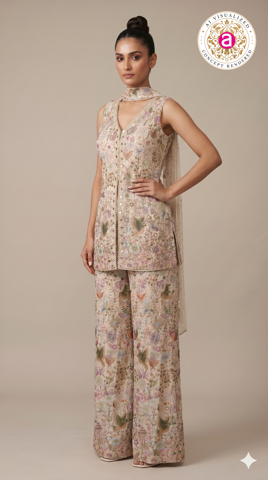 Ivory Floral Printed Indo-Western Co-Ord Set with Embroidered Waistcoat