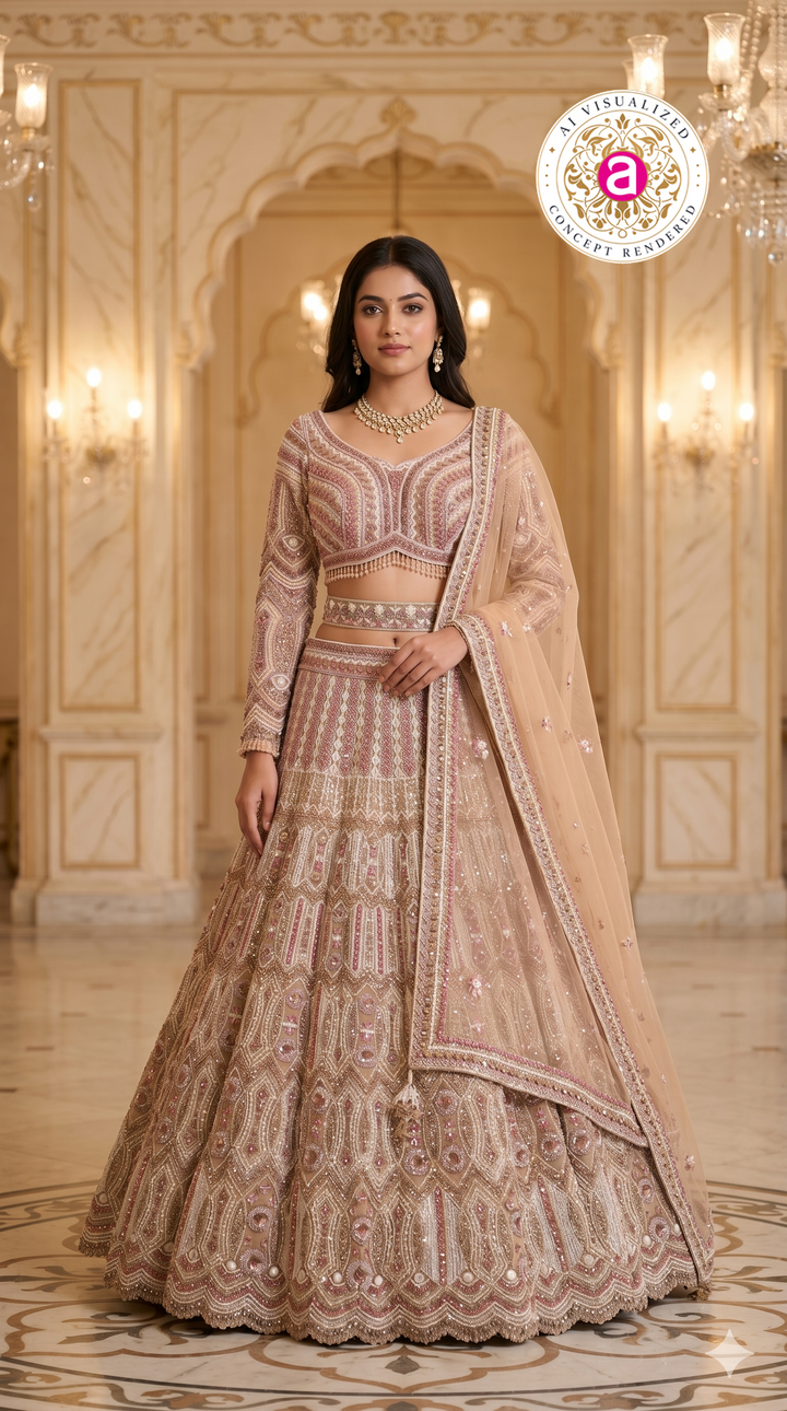 Champagne Beige Designer Lehenga Set with Intricate Embroidered Blouse and Net Dupatta