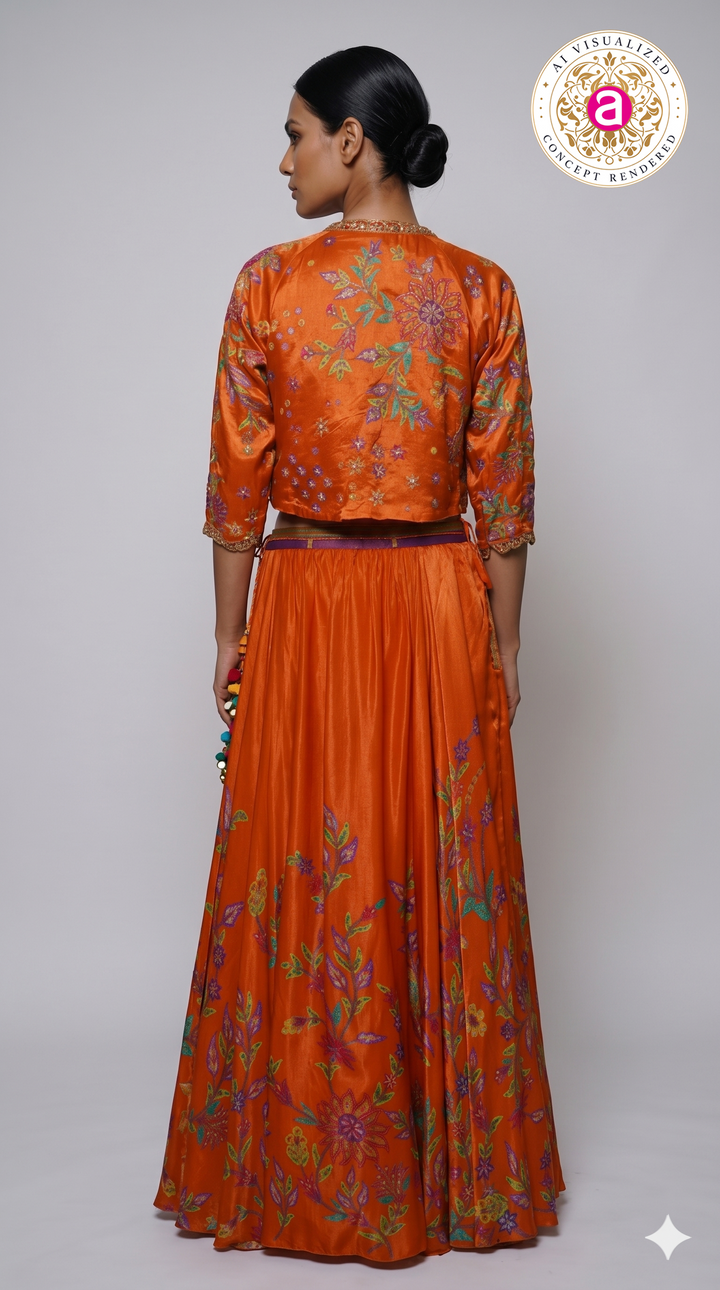 Vibrant Orange Floral Printed Indo-Western Skirt Set with Embroidered Jacket