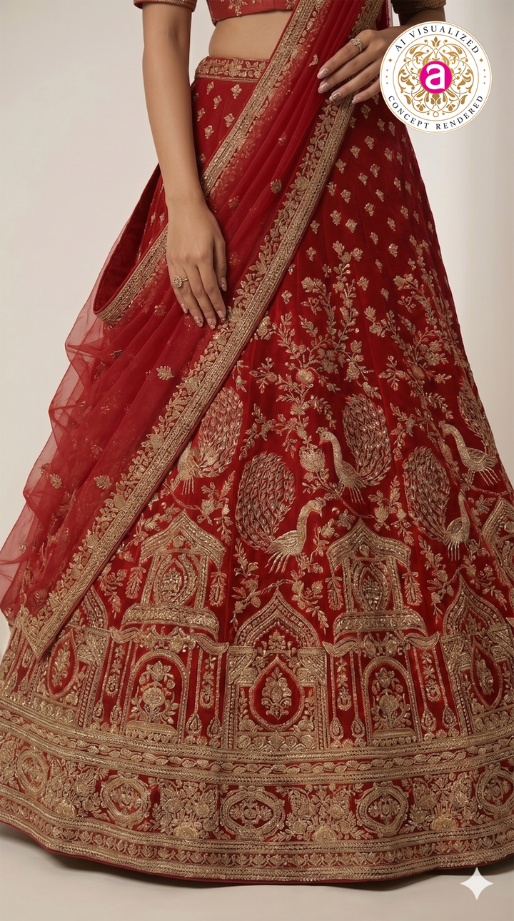Royal Crimson Red Bridal Lehenga Set with Heritage Zari Embroidery & Net Dupatta