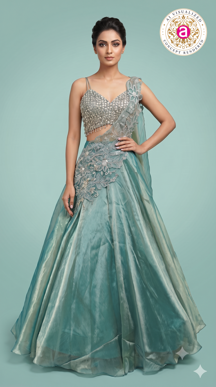 Sea Mist Crystal Embellished Designer Lehenga Set