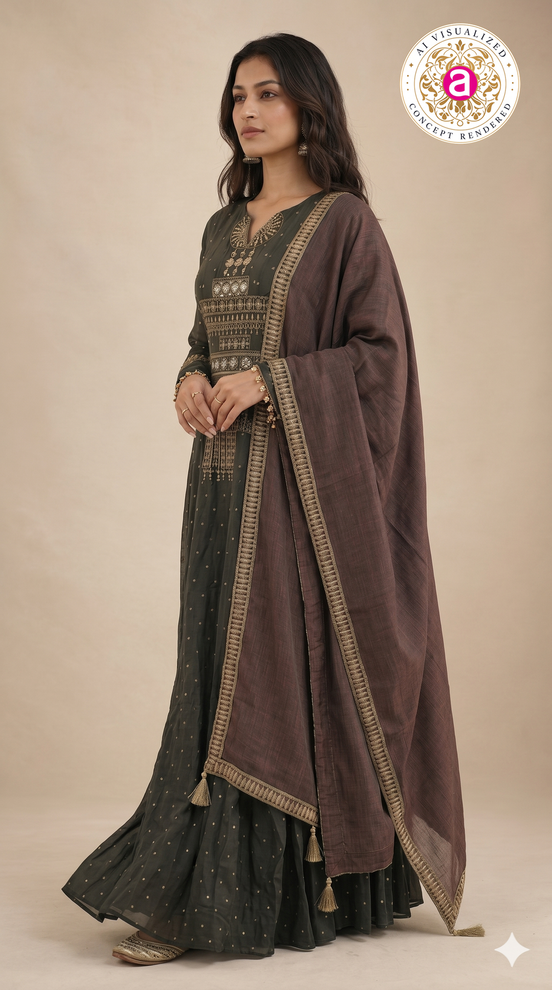 Charcoal Black Embellished Anarkali Set with Contrast Dupatta
