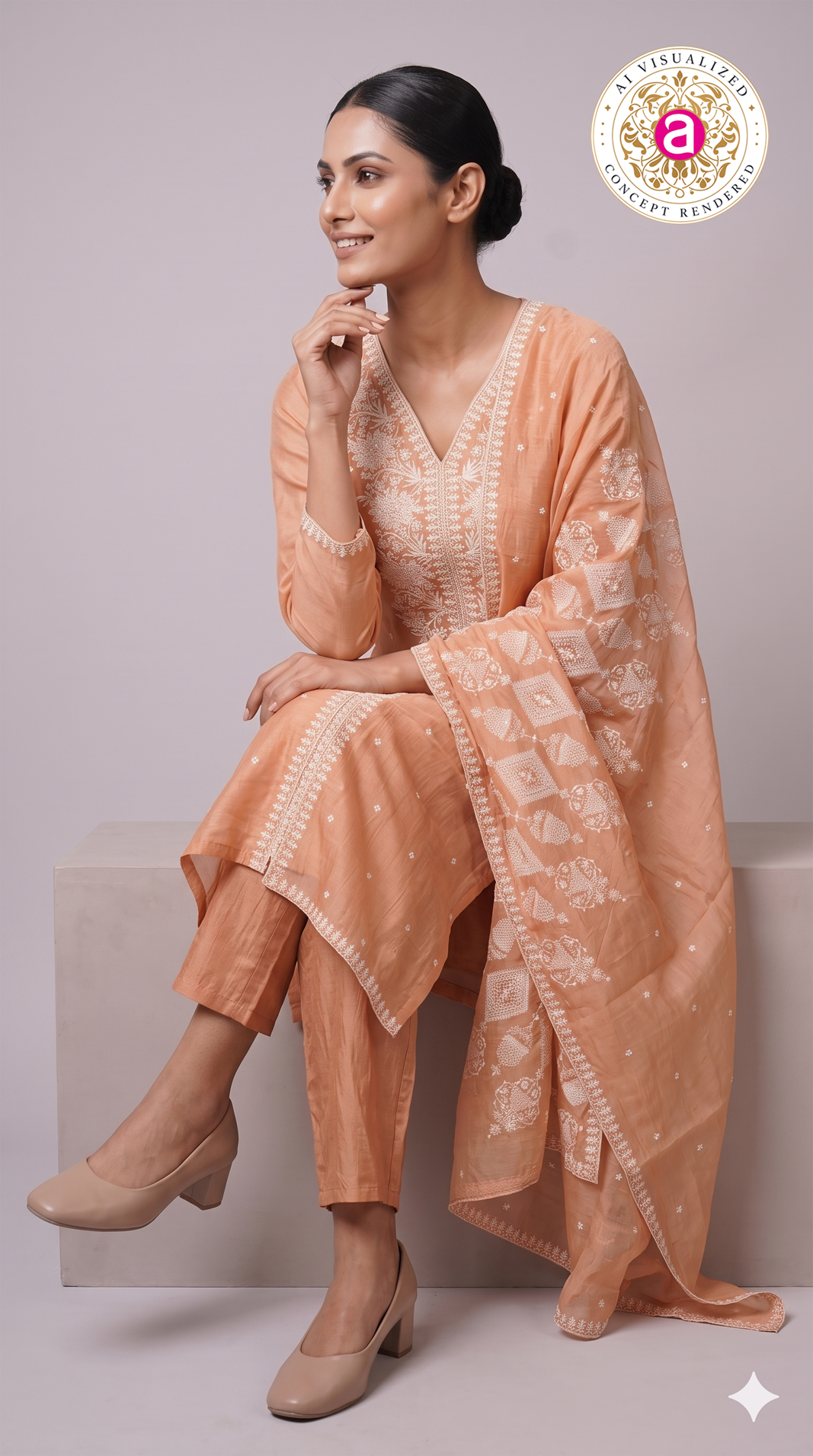 Peach Embroidered Straight Kurta Set with Matching Pants & Dupatta