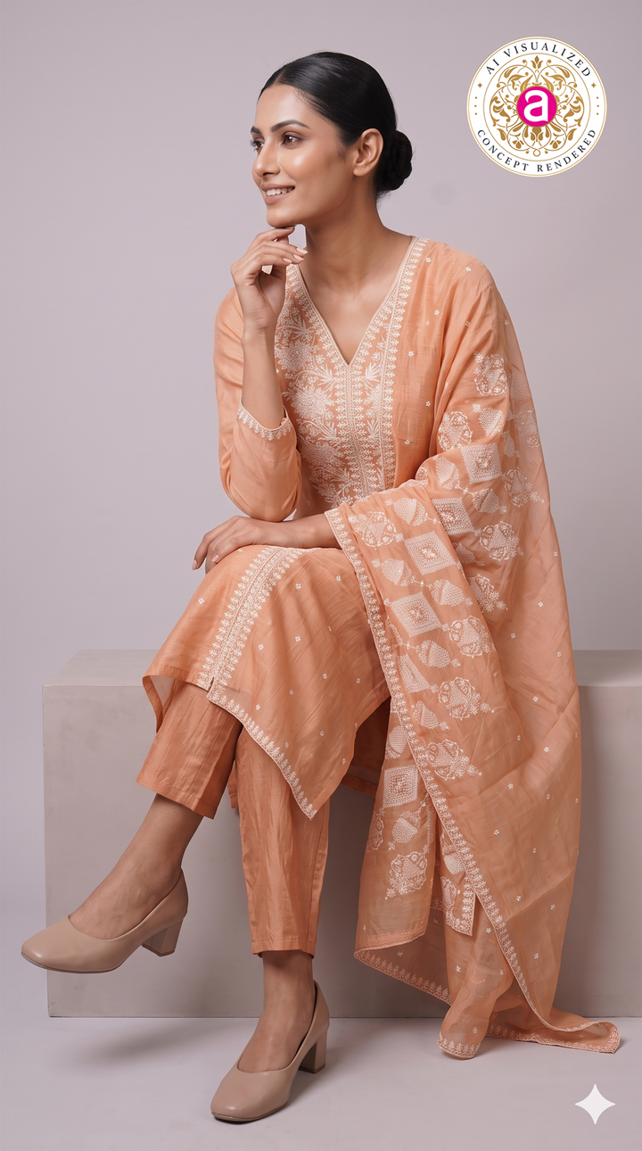 Peach Embroidered Straight Kurta Set with Matching Pants & Dupatta
