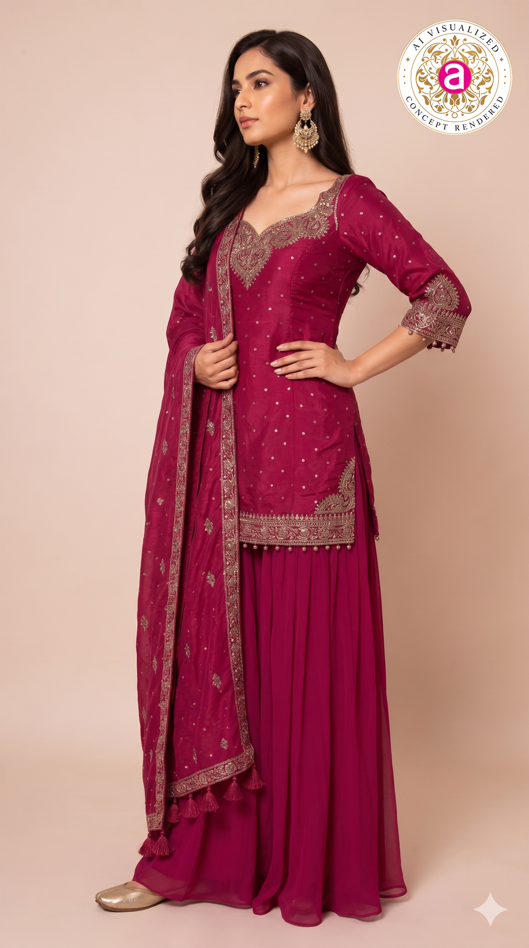 Fuchsia Pink Embroidered Kurta Sharara Set with Dupatta