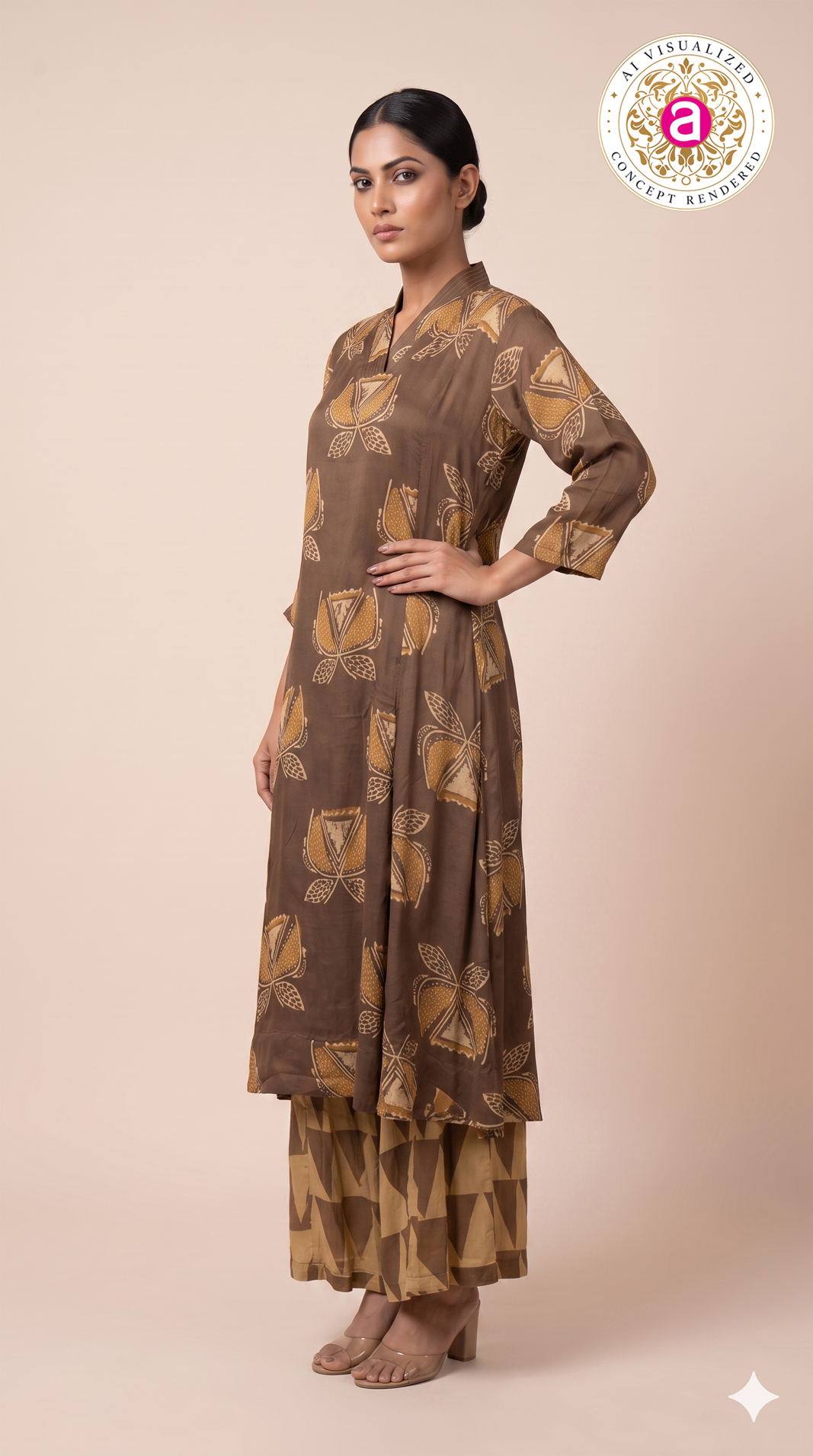 Brown Printed A-Line Kurta Set with Palazzo