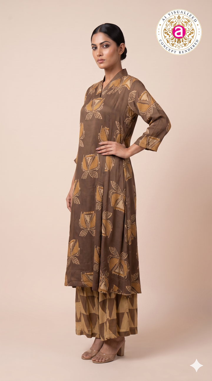 Brown Printed A-Line Kurta Set with Palazzo
