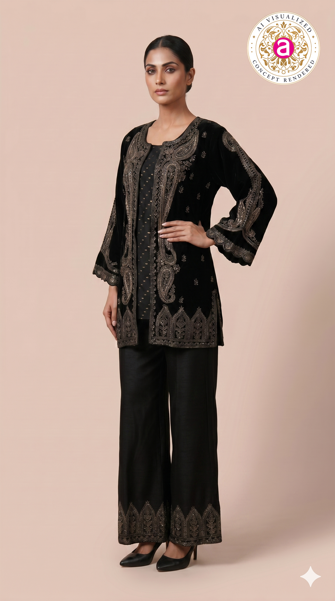 Midnight Black Embroidered Co-Ord Set with Jacket