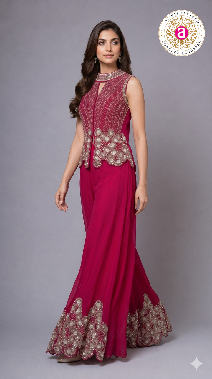 Rani Pink Embroidered Palazzo Set with Statement Jacket Top