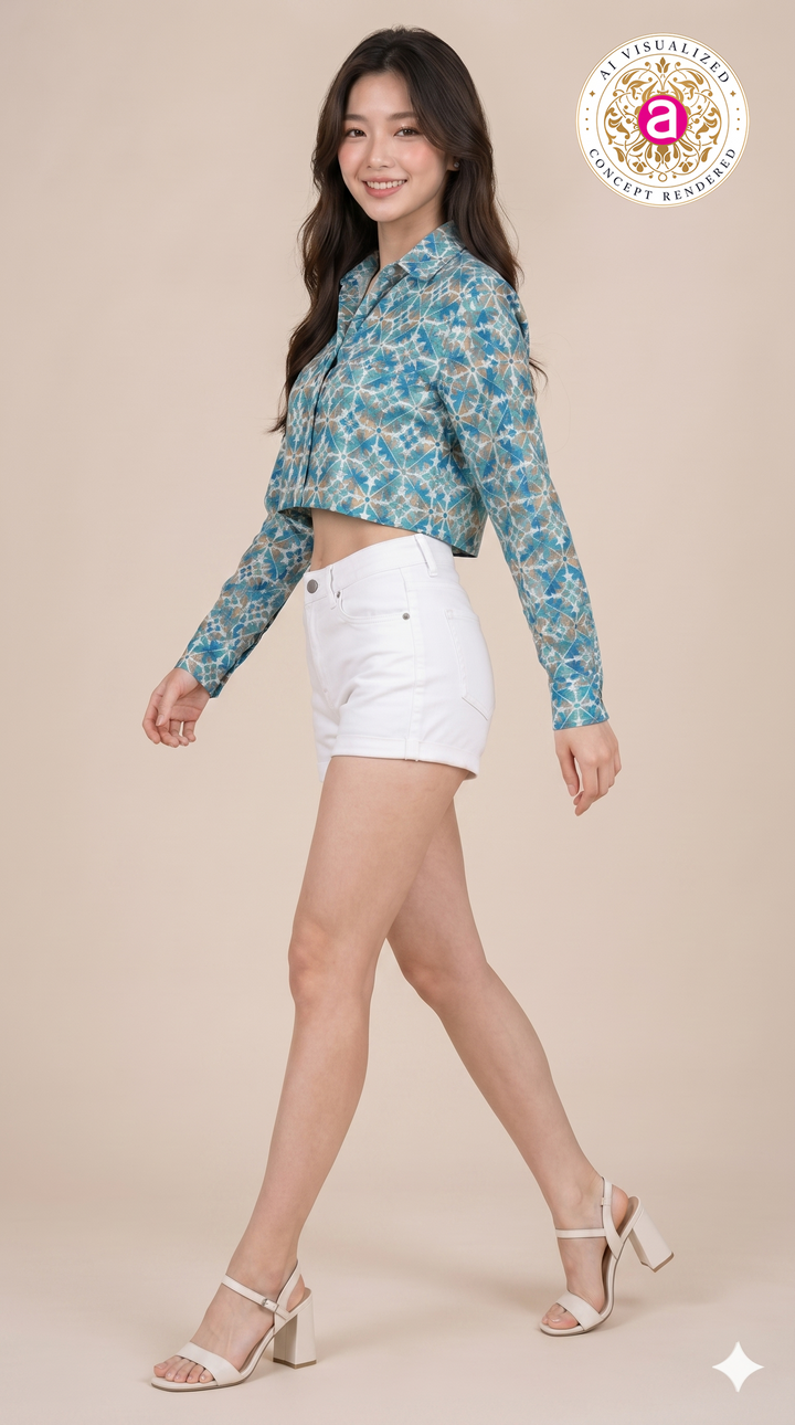 Blue Geometric Printed Crop Shirt Top