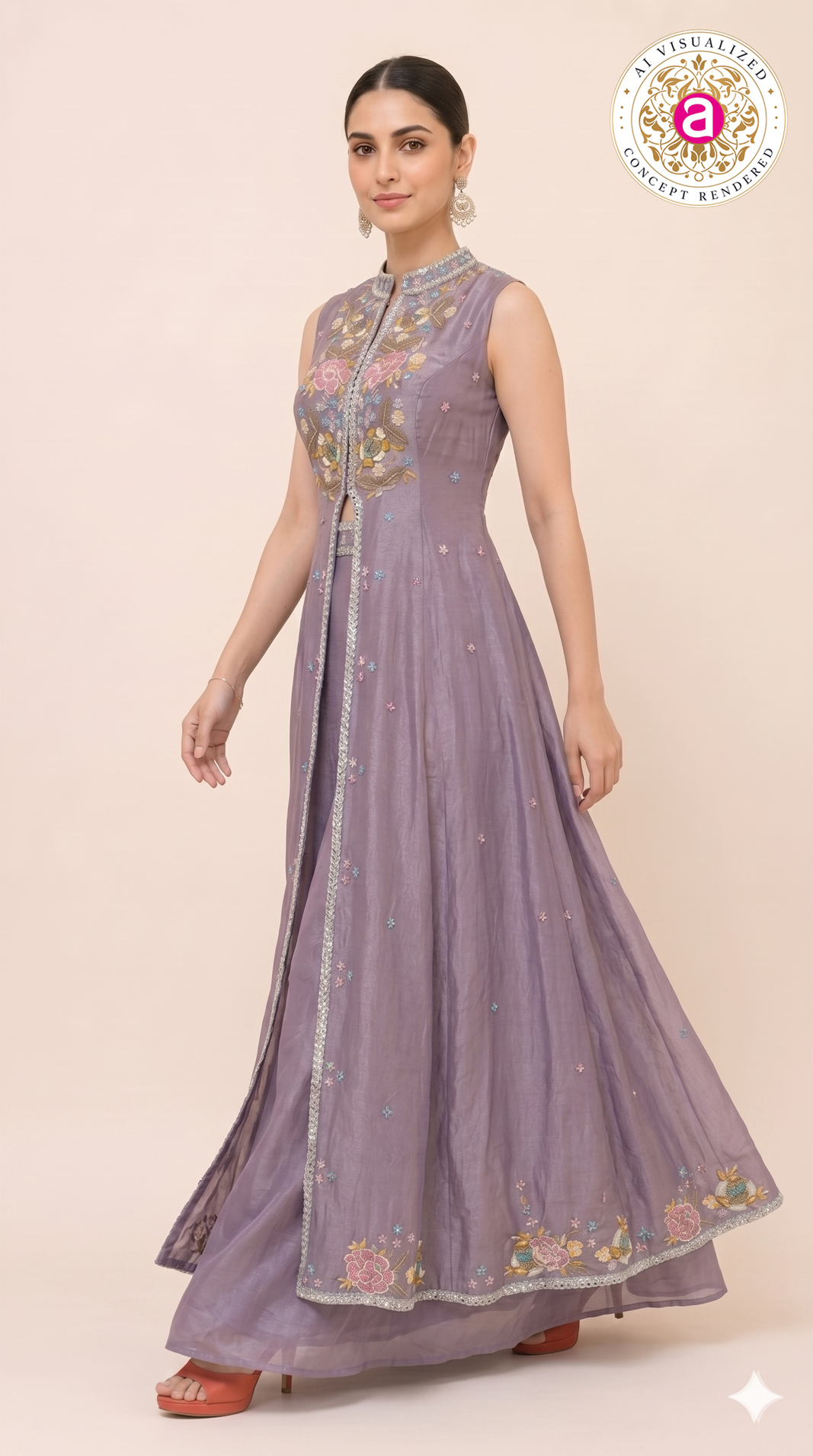 Lavender Embroidered Skirt Set with Jacket Style Anarkali