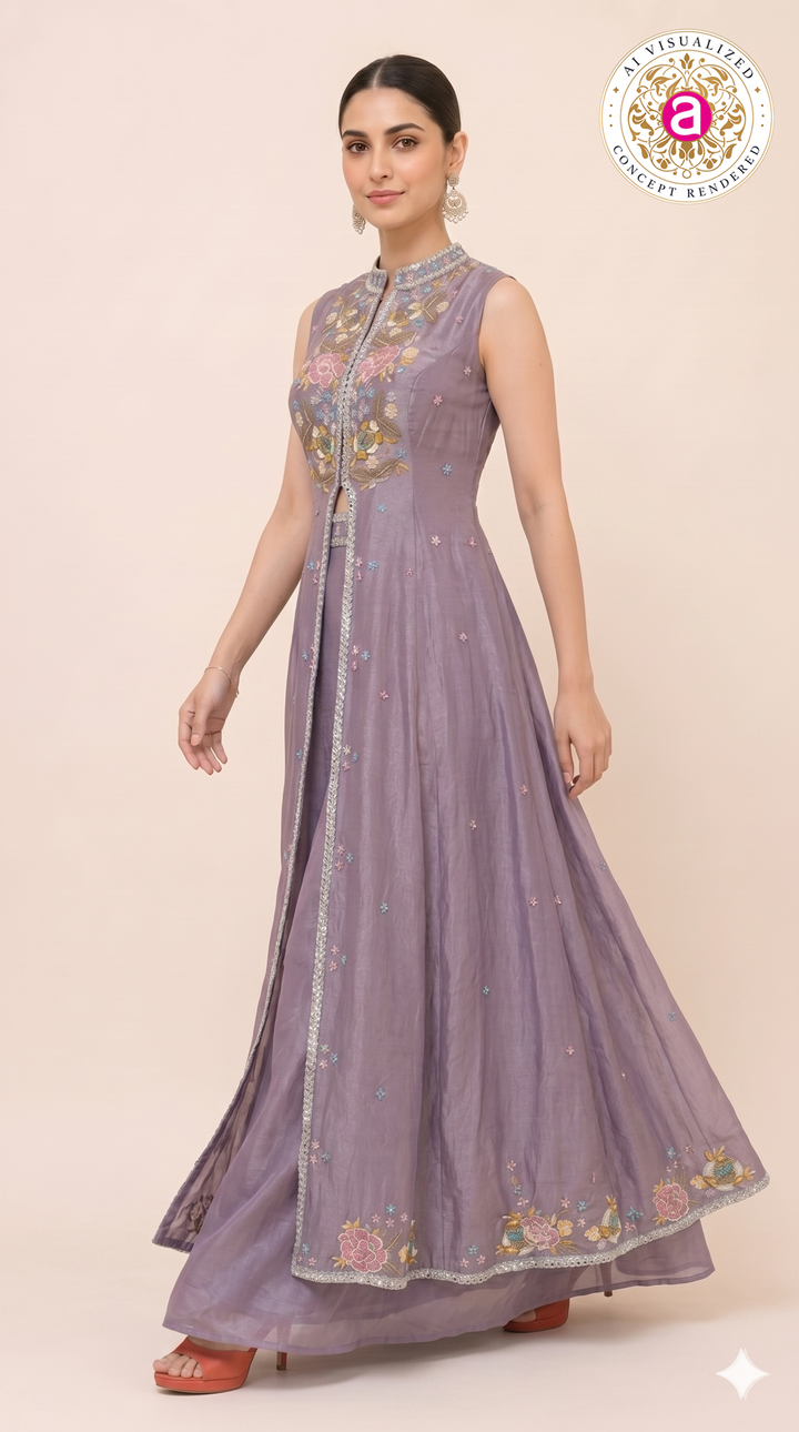 Lavender Embroidered Skirt Set with Jacket Style Anarkali