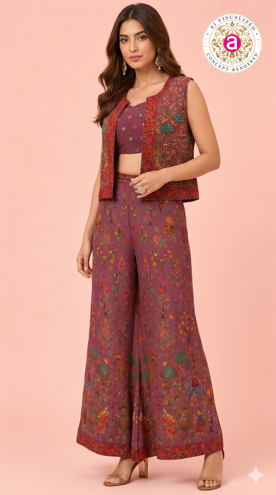 Mauve Stone Work Palazzo Set with Crop Top & Jacket