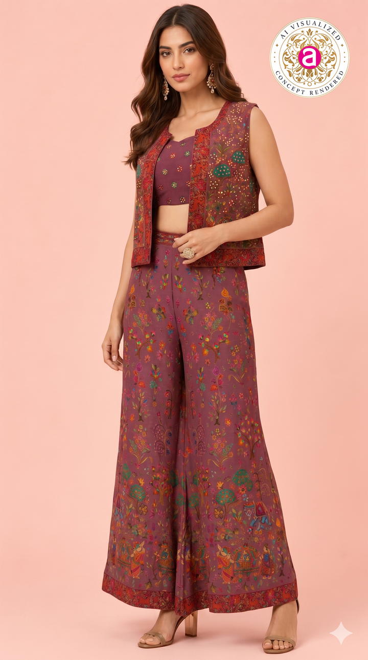 Mauve Stone Work Palazzo Set with Crop Top & Jacket