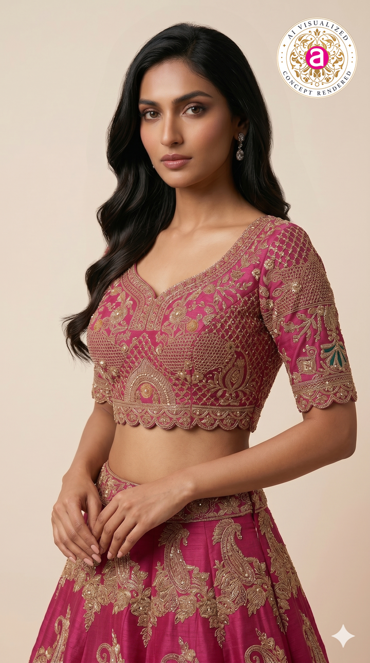 Rani Pink Designer Bridal Lehenga Set with Paisley Zari Embroidery & Embellished Net Dupatta