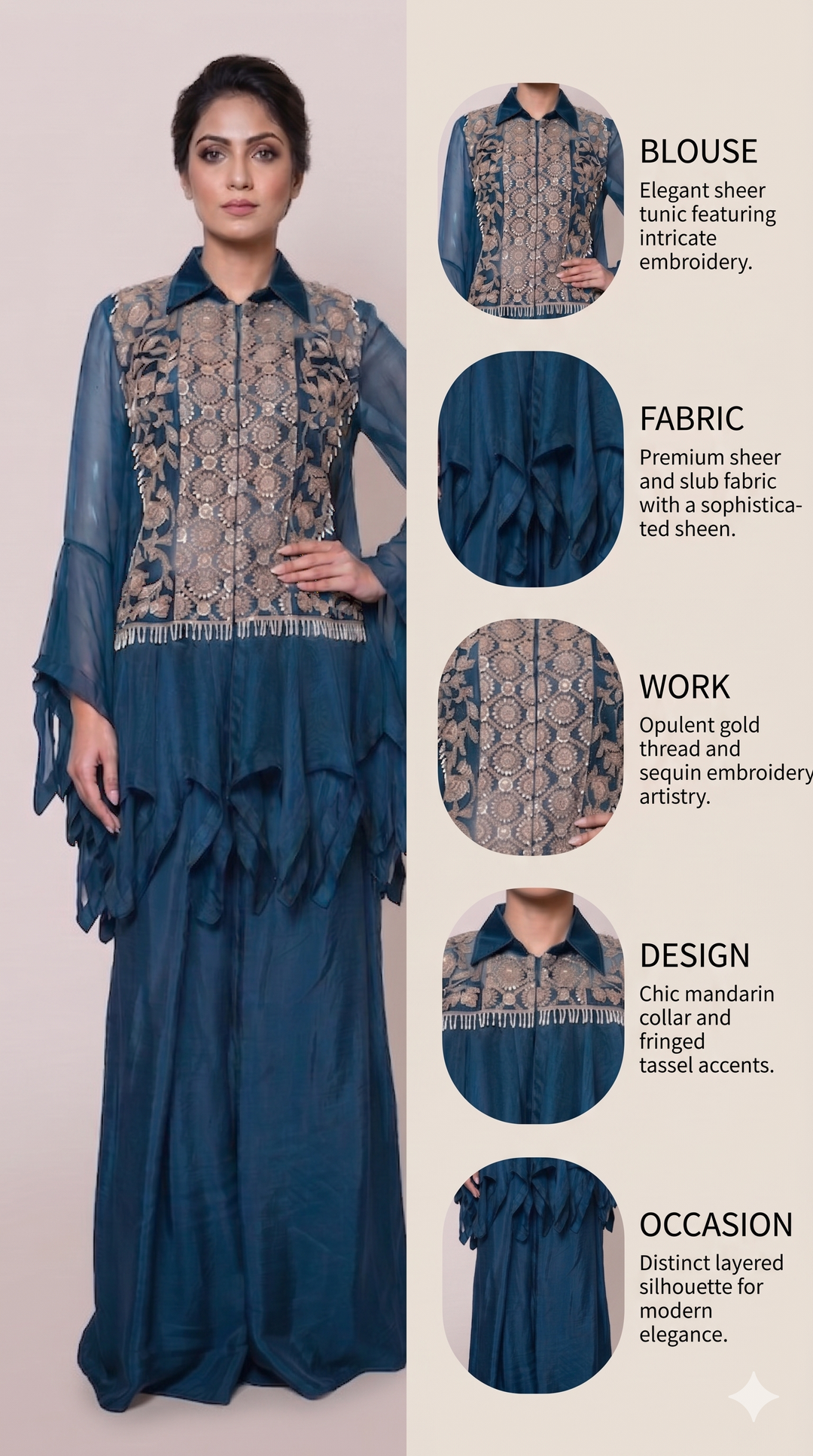 Teal Blue Embroidered Cape Style Designer Co-Ord Set