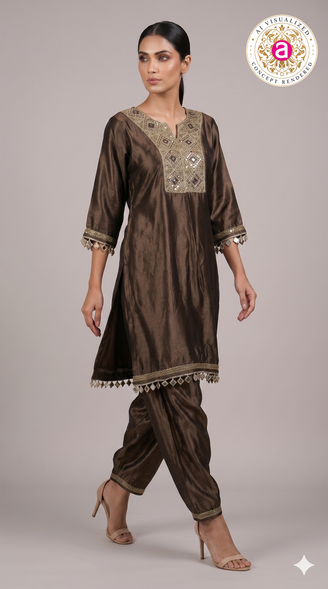 Chocolate Brown Embellished Kurta Set with Dhoti Pants