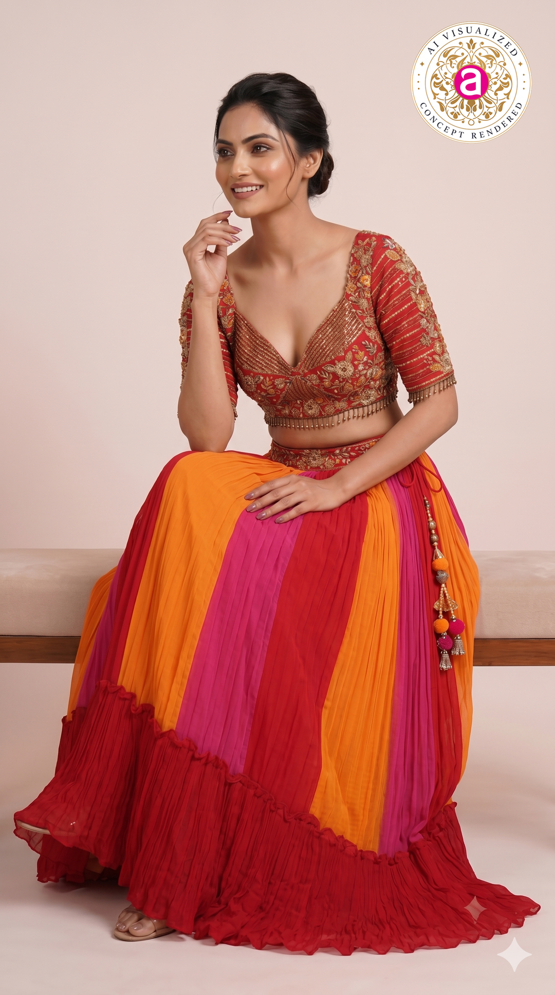 Multicolor Pleated Lehenga Set with Embroidered Blouse