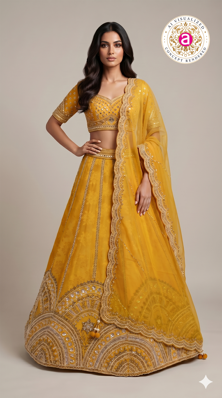 Mustard Yellow Designer Embroidered Lehenga Set with Organza Dupatta