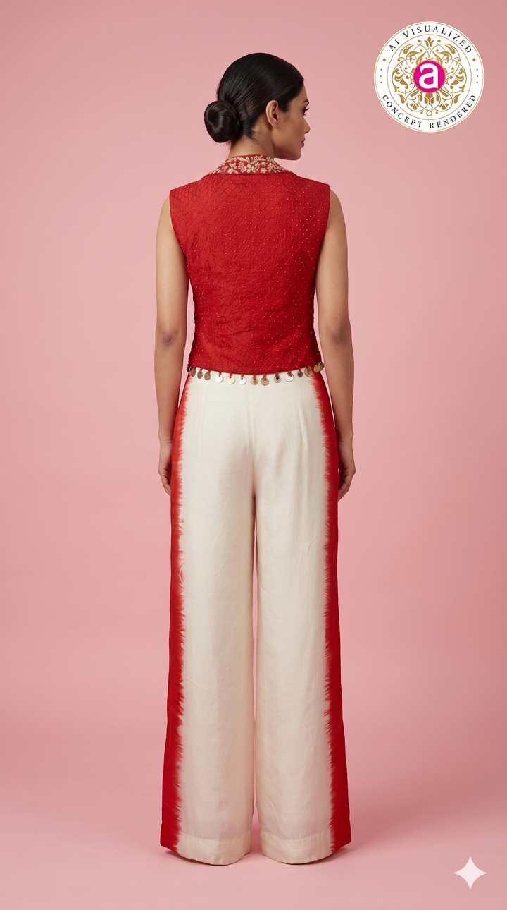 Red Embellished Waistcoat Top with Ivory Wide-Leg Palazzo Co-Ord Set