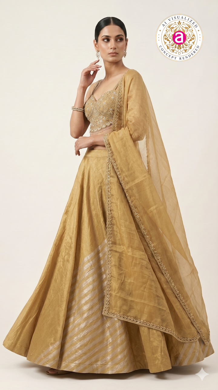 Golden Silk Lehenga Choli with Embellished Bustier & Sheer Dupatta
