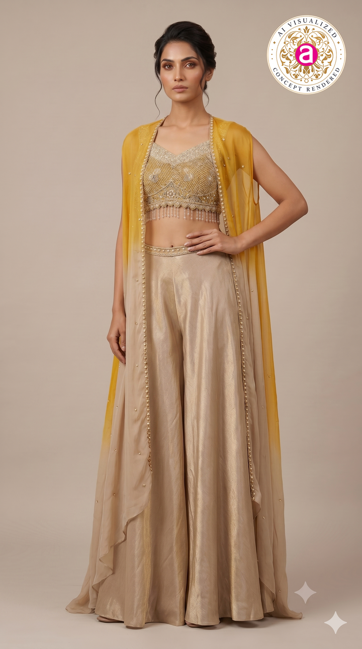 Mustard Yellow Cape Style Palazzo Set with Embellished Blouse
