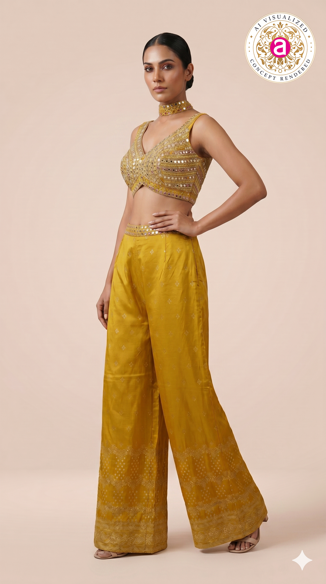Mustard Yellow Mirror Work Indo-Western Co-Ord Set with Wide-Leg Palazzo Pants