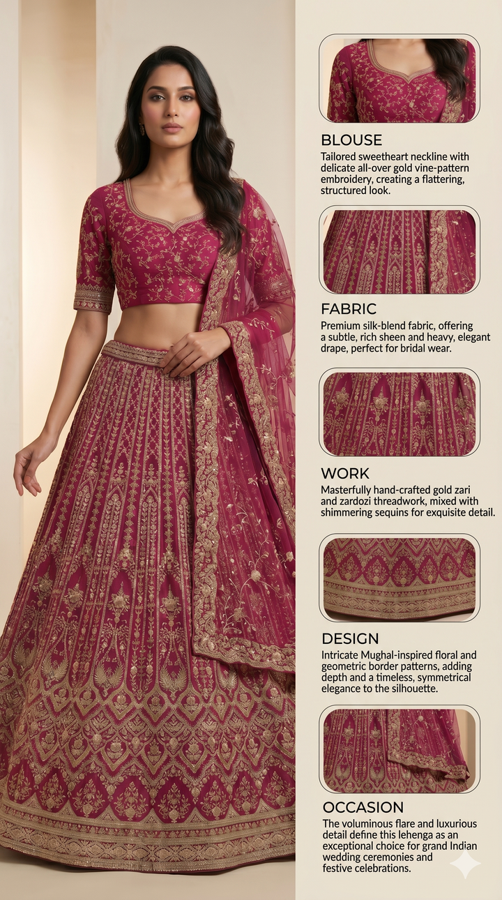 Royal Magenta Bridal Lehenga Set with Intricate Zari Embroidery & Net Dupatta