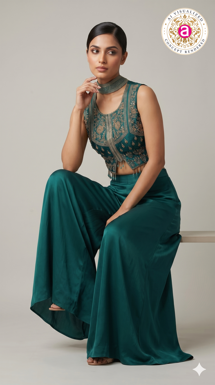 Teal Green Embroidered Indo-Western Co-Ord Set with Palazzo Pants