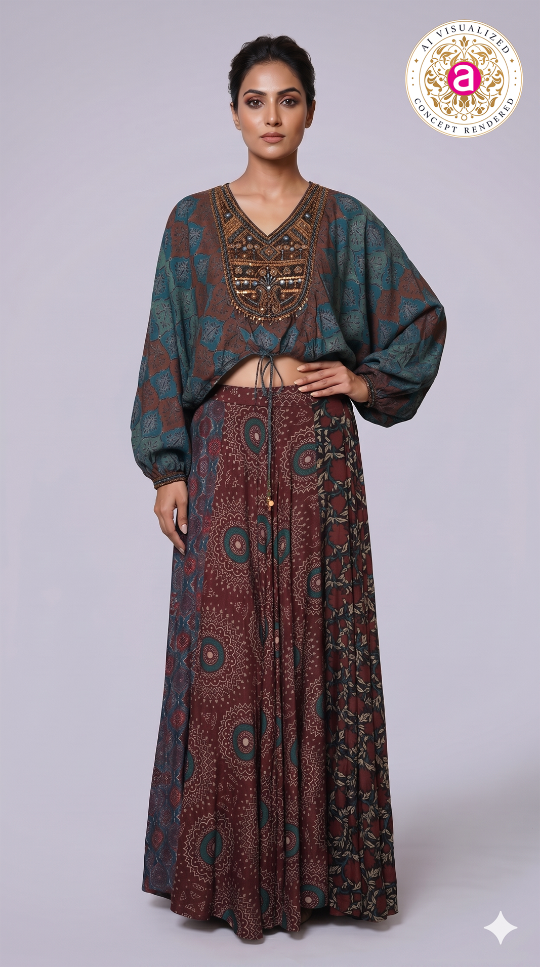Bohemian Printed Co-Ord Set with Embellished Crop Top & Maxi Skirt