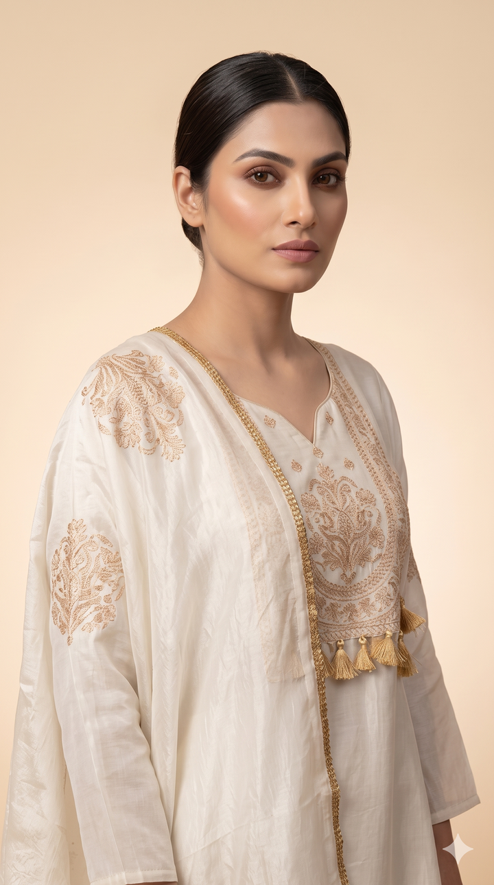 Ivory Embroidered Kurta Palazzo Set with Dupatta
