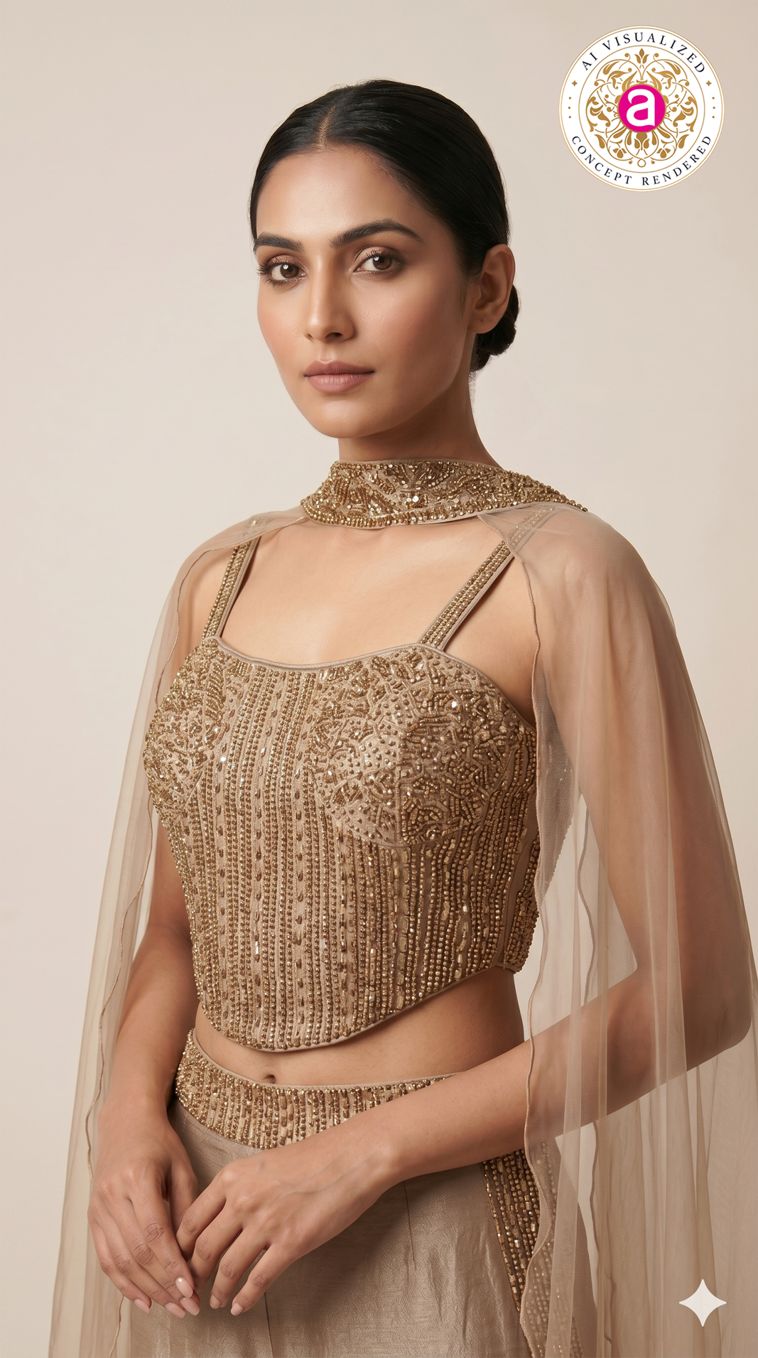 Champagne Gold Embellished Co-Ord Set with Cape Dupatta