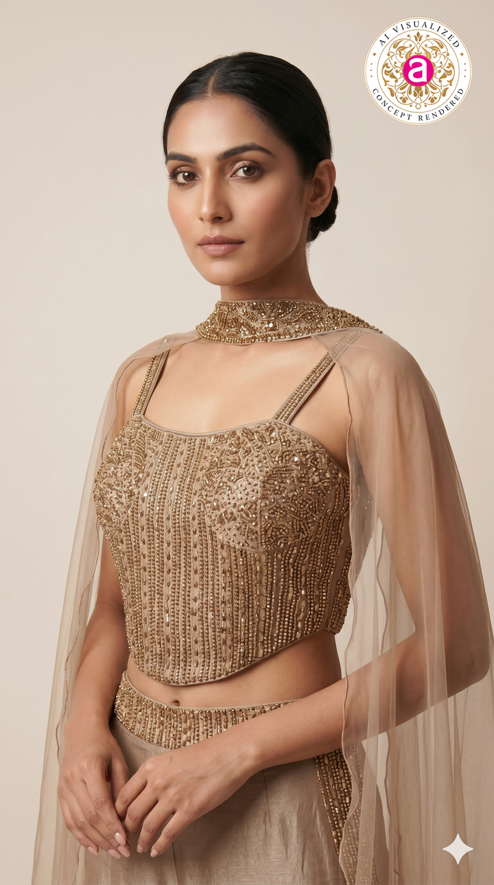 Champagne Gold Embellished Co-Ord Set with Cape Dupatta