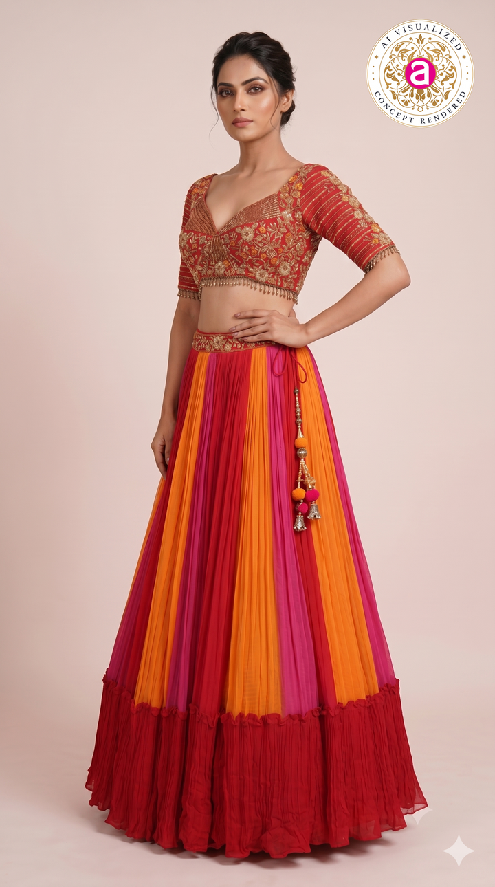 Multicolor Pleated Lehenga Set with Embroidered Blouse